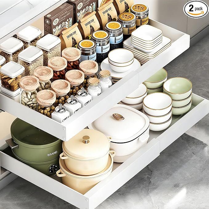 2PCS Expandable Pull Out Cabinet Organizer pots and pans organizer under cabinet Upgrade 3 Slide Rails Slide Out Drawers Roll Out Shelves Adhesive,Adjustable Width