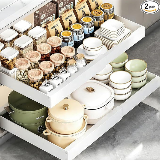2PCS Expandable Pull Out Cabinet Organizer pots and pans organizer under cabinet Upgrade 3 Slide Rails Slide Out Drawers Roll Out Shelves Adhesive,Adjustable Width