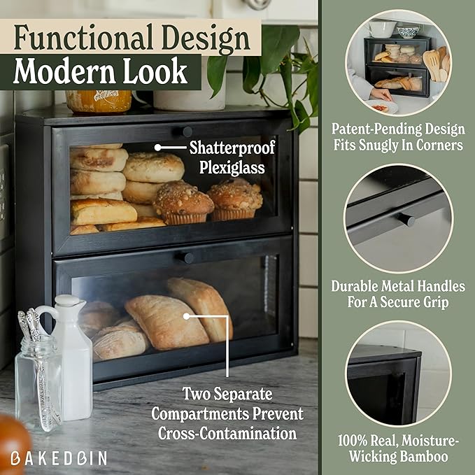 Corner Bread Box for Kitchen Countertop - New 2026 Airtight Design - Extra Large, Double Layer Black BreadBox, Vintage Storage for Homemade Bread, Under Cabinet Organizer