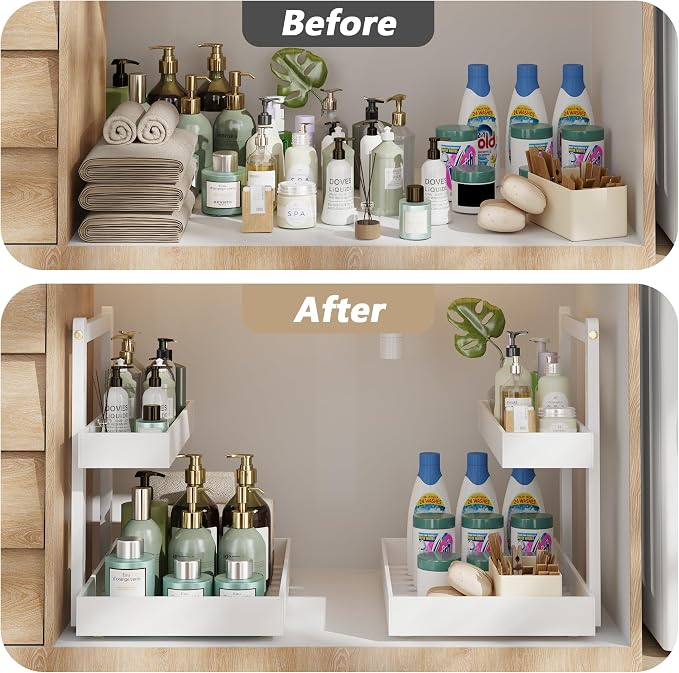 Bamboo Under Sink Storage 2 Tier Pull Out Cabinet Organizer Slide Out Under Sink Storage Shelf Undersink Organizers Shelves for Kitchen Bathroom Organization (White, 2 Packs)