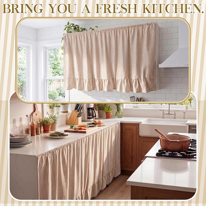 VitalCozy Cabinet Curtain 28" W x 51" L Sink Skirt for Bathroom Kitchen Brown Stripes Ruffles Short Curtain for Home Classroom Farmhouse Rustic Drape Under Desk Privacy Drape for Laundry Room