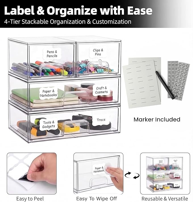 Clear Baby Bottle Organizer For Cabinet, Storage Bins with Pull-Out Drawers, 6-Pack Organizer Set with Labels, Premium PET Plastic Storage Organizer for Pantry, Bathroom, Vanity, Countertop