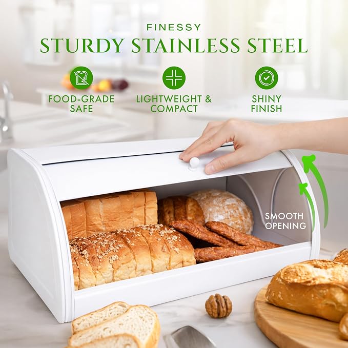FINESSY Large Bread Box White for Pantry, Bread Box for Kitchen Countertop Stainless Steel, Breadbox Keeper for Fresh Homemade Muffin Sourdough Bagel Sandwich, Large Food Storage Containers with Lids