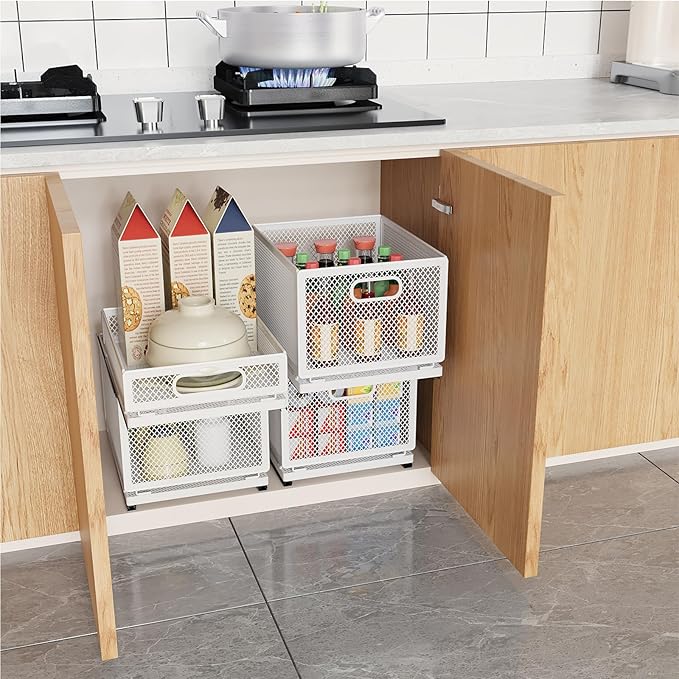 Pull Out Cabinet Organizer, Slide Out Drawers Fixed with Adhesive Nano Film, Pantry Shelves Sliding Drawer Storage Organization for Kitchen (Double Layer 15.7*9.4*12.28inch/40*24*31.2cm)