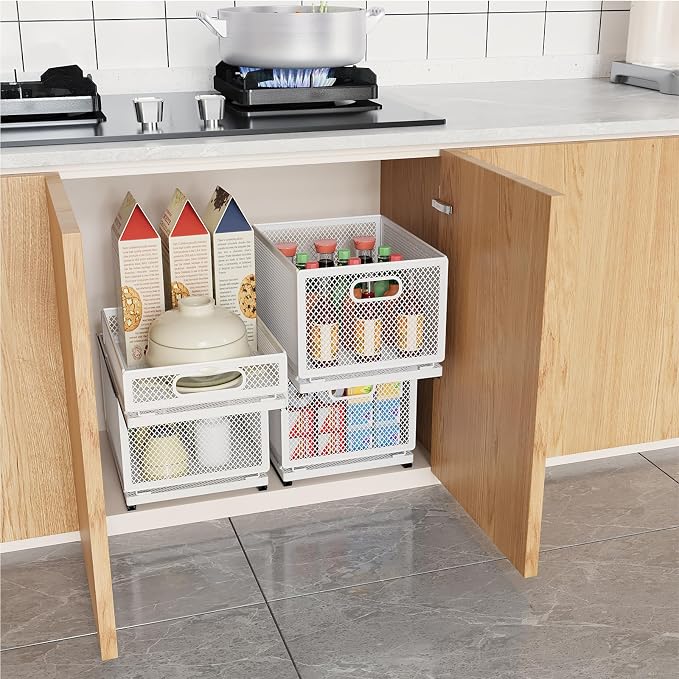 Pull out Cabinet Rack Organizers, No-Drill Slide Organizer Under Sink Organizer, Strong & Sturdy Expandable Cabinet Drawers, For Kitchen, Bathroom, Pantry(B,15.7*9.4*6.1inch/40*24*15.5cm)