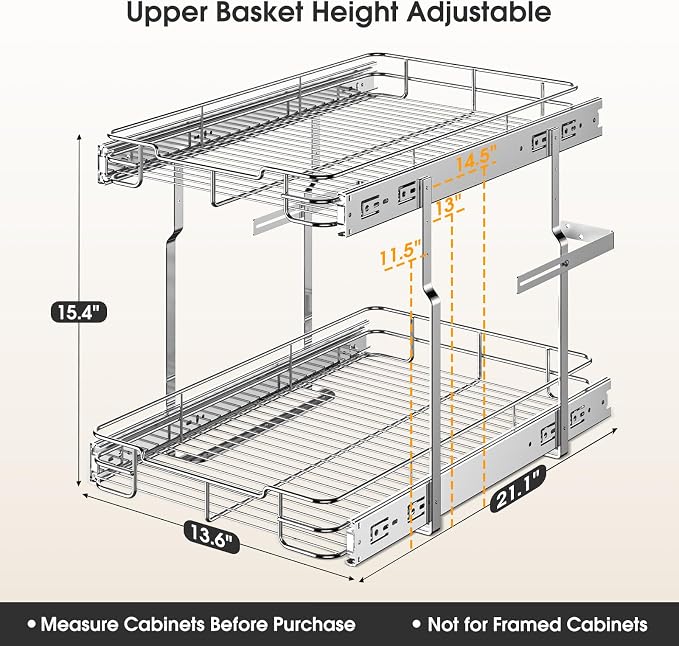 Delamu Pull Out Cabinet Organizer 2-Tier 14" W x 21" D Heavy Duty Chrome-Plated Slide Out Drawers, Kitchen Drawer Organizer Pull Out Shelves for Pots & Pans, Home Pantry Cans & Spices, Silver