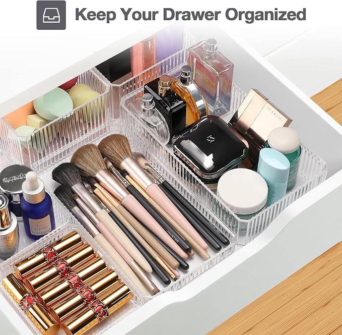 Lolalet Stackable Drawer Organizer for Makeup, Multi-size Clear Plastic Makeup Drawer Organizer Trays Bathroom Vanity Storage Bins and Office Desk Drawer Dividers -6 Pcs