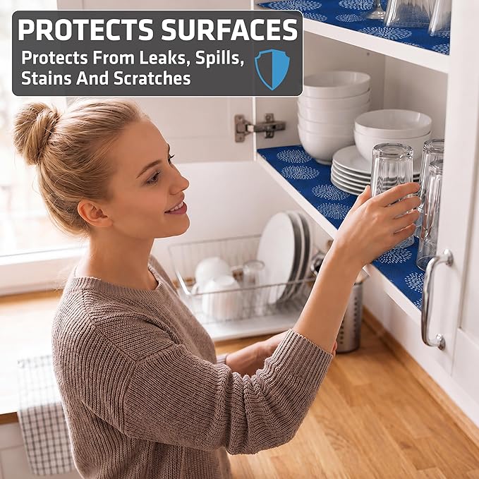 Drymate Premium Luxury Shelf & Drawer Liner, Thick Cushioned Fabric, Non-Adhesive, Absorbent, Waterproof, Slip-Resistant, Liners for Kitchen Cabinets, Cupboards (USA Made)(12”x59”)(2-Pack)(GoodBlue)