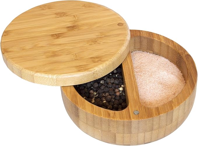 Totally Bamboo Salt Keeper Duet, Salt and Pepper Container with Dual Compartments, Bamboo Spice Cellar with Magnetic Swivel Lid, Countertop Bowls for Seasonings