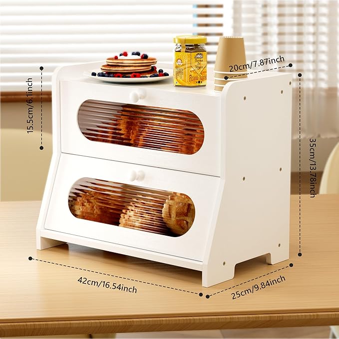 Bread Box for Kitchen Countertop,Large Capacity Double Layer Kitchen Countertop Organizer,Bread Storage with Acrylic Window for Cabinet,Pantry,Cupboard(White)