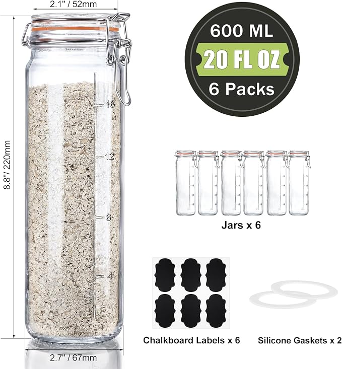 [Upgraded] 20 oz Glass Jars with Airtight Lids for Vanilla Extract, 6 Pack Glass Juice Bottles with 2 Measurement Marks, Glass Food Storage Canister Set For Beans, Spice, Tea, Drink, Milk. 600ML