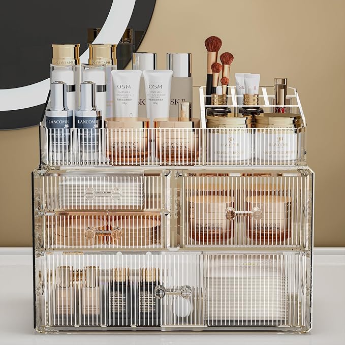 ZHIAI Stackable Storage Drawer, Acrylic Organizer, Cosmetic Organizer for Dresser, Vanity, Kitchen Cabinet, Bathroom, Under Sink, Home Organization and Storage (1 Top 3 Drawers)