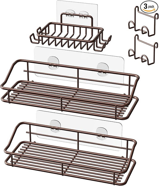 Nieifi Shower Caddy Shelf with Hooks Storage Rack Organizer Adhesive Stainless Steel without Drilling for Bathroom, Lavatory, Washroom, Restroom, Shower, Toilet, Kitchen (Brown, 3 Pack)