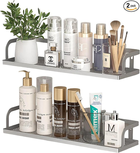 PUSDON 2-Pack 16.5" Extra Long Slim Hollowout Shower Caddy, Wall Mount Spice Rack & Bathroom Organizer, Mesh Bottom Cabinet Door Shelf Holds 50LBS - Silver Gray, Hollowout