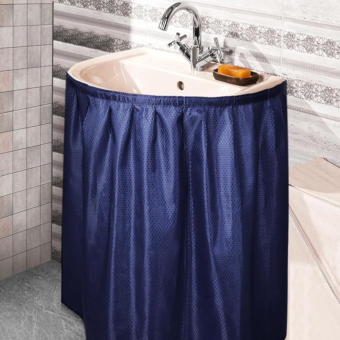 Fabric Sink Skirt Diamond Bathroom Stitch Self Stick Adhesive Waterproof Fabric Under Sink Curtain Skirt 55 x 32 Inch Adds Bathroom Storage(Dark Blue,Fashion Style)