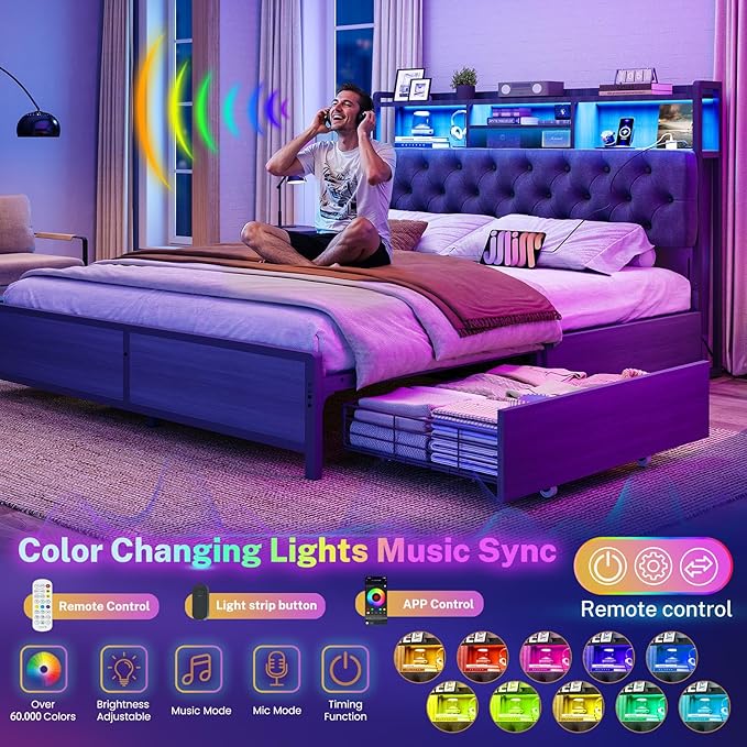 TEENFON Full Size Bed Frame with Storage 4 Drawers & LED Lights, Upholstered Headboard with Shelves and Built in Charging Station, Metal Platform Noise-Free/No Box Spring Needed, Black