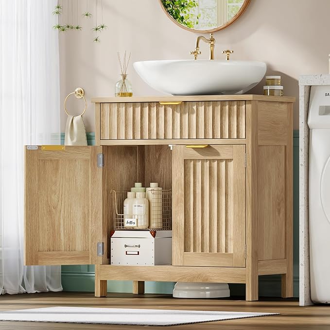 TEENFON Pedestal Sink Storage Cabinet with 2 Doors and Drawer, Bathroom Sink Cabinet with U-Shape Cut-Out, Fluted Pedestal Sink Cabinet, Natural Oak
