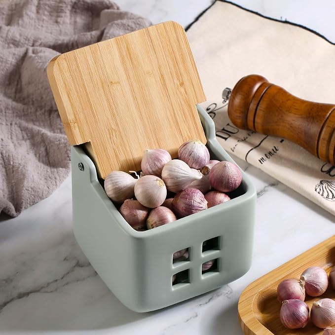RQYIXI Garlic Container for Counter Ceramic Garlic Keeper Storage Garlic Holder with Lid to Keep Your Garlic Cloves Fresh Longer(Green)