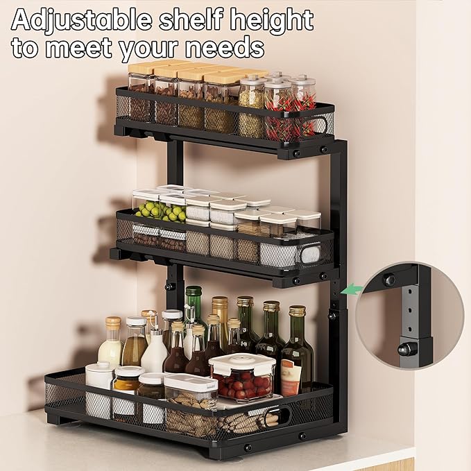 Under Sink Organizer, Black, 3-Tier, 2 Pack | Height Adjustable, Thickened Metal, Pull Out Cabinet Organizer Shelf, Space-Saving Slide Out Storage Drawer Rack