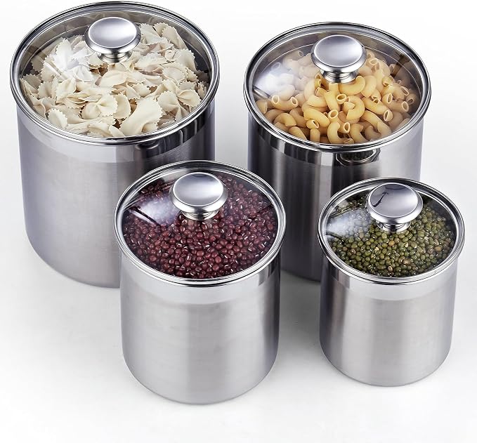 Cooks Standard Classic Stainless Steel Food Jar Storage Canister Set Medium, Airtight Containers with Glass Lid for Tea Coffee Sugar Flour Pantry Kitchen Counter, 4-Piece