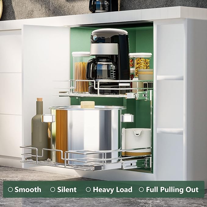 LOVMOR 2 Tier Individual Pull Out Cabinet Organizer 15½" W x 21½" D, Slide Out Kitchen Cabinet Storage Sliding Shelves
