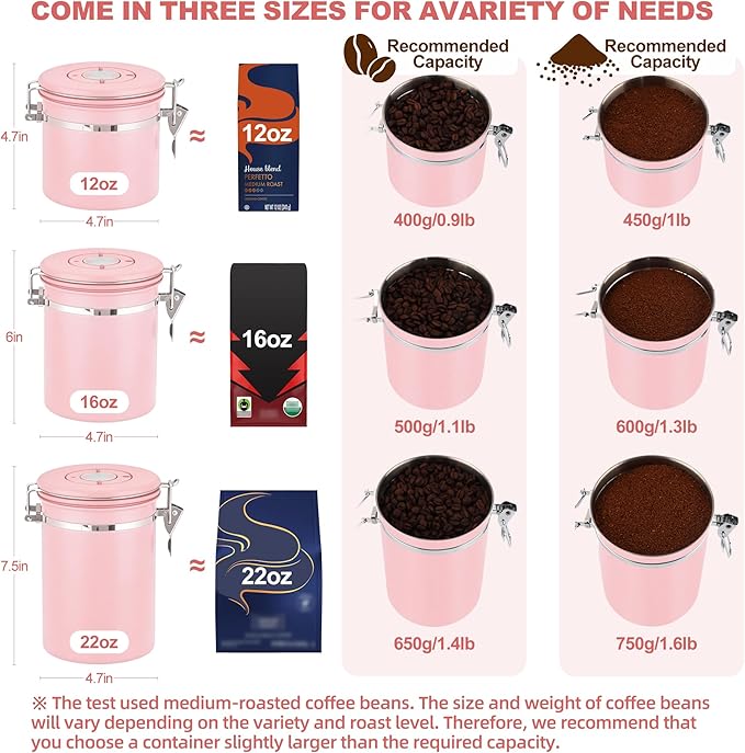 ShanSon Coffee Canister Airtight, Stainless Steel Bean Storage Container with Date Tracker & Scoop, Grounds Sugar Flour Tea Cereal Fits Kitchen Pantry, Ideal Gift for Coffee Lovers,22oz, Pink
