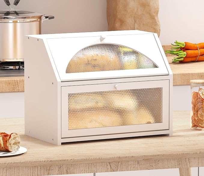 Bread Box, Bamboo Wood Bread Box for Kitchen Counter, Double-layer Bread Storage Bin, Acrylic glass with Diamond Patterns (White, Large)