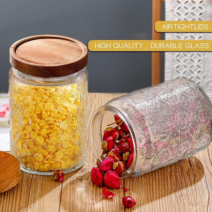 24 OZ Airtight Glass Storage Jar with Bamboo Lid - Vintage Glass Jar Vintage Food Containers Canisters Set for Kitchen Counter & Pantry - Ideal for Sugar, Flour, Coffee, Tea, Candy, Oats -4 Pack