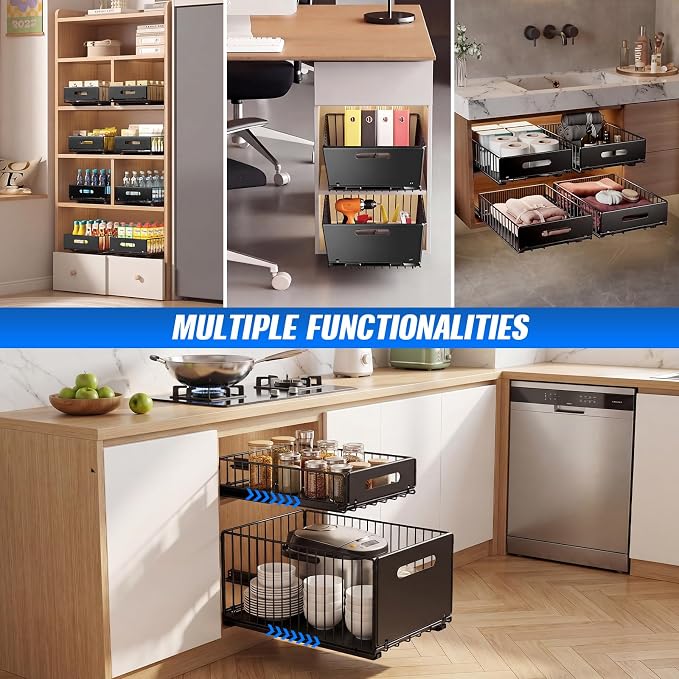 2 Pack Pull Out Cabinet Organizer, 15"" Depth Slide Out Pantry Drawer with Nano Adhesive (No Drilling), Heavy Duty Wire Basket for Kitchen, Under Sink, Bathroom, 9.44"" W x 3.54"" H, Black
