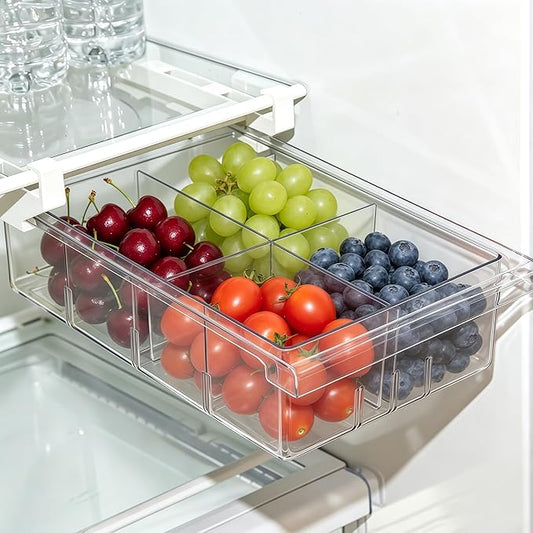 Refrigerator Organizers Storage Fridge Drawer - Pull Out Clear Storage Containers with Handle for Fruit,Deli,Cheese,Seafood,Plastic Organizer Bins Fit for Medium Refrigerator Shelf,Simple Use(2 Pack)