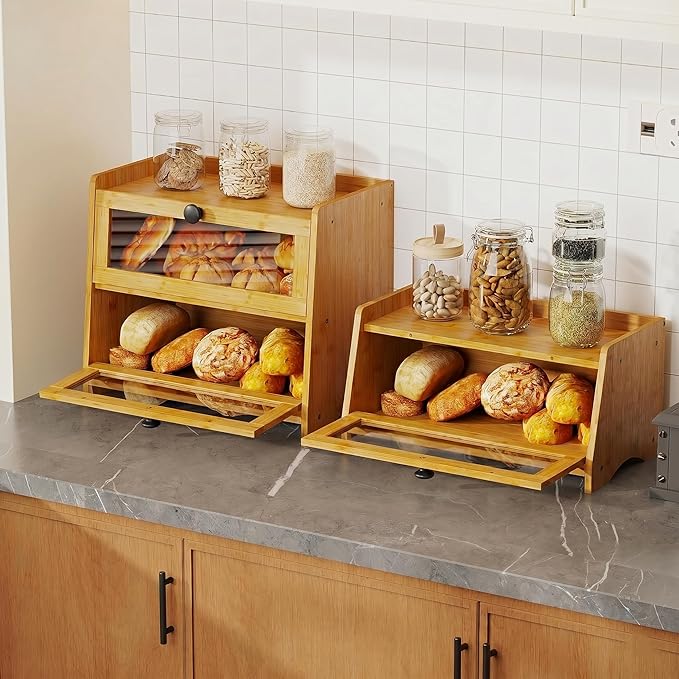 BAMBANG Bread Box for Kitchen Countertop, Bamboo Bread Box for Homemade Bread, Wooden Farmhouse Bread Storage Container, Large Breadbox Bread Bin Organizer for Counter Cabinet Pantry, Natural