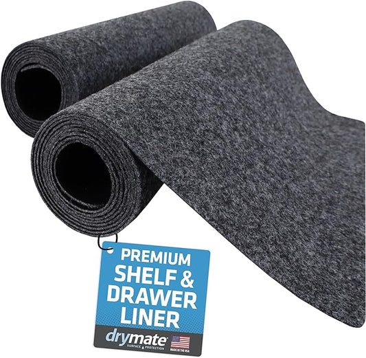 Drymate Premium Luxury Shelf & Drawer Liner, Thick Cushioned Fabric, Non-Adhesive, Absorbent, Waterproof, Slip-Resistant, Liners for Kitchen Cabinets, Cupboards (USA Made)(11”x50”)(2-Pack)(Charcoal)