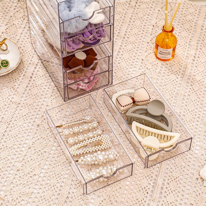 FABROK Clear Hair Accessory Organizer Box with 6 Drawers | Compact Storage Organization, For Cosmetics, Glasses, Stationery, Stackable Storage Containers, For Bathroom, Closet, Office