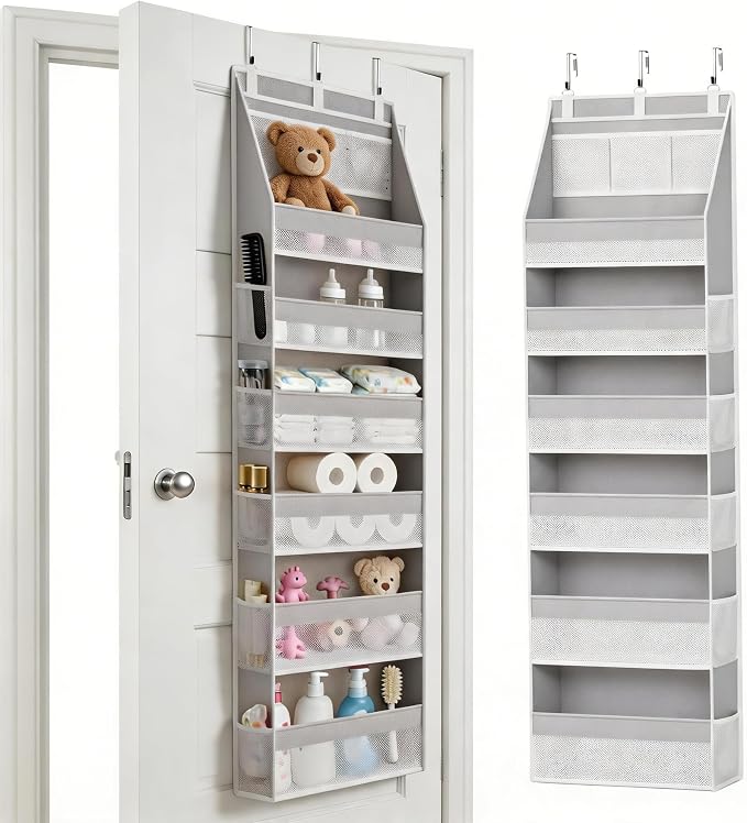 KMSCO Over The Door Organizer, 6 Large Pockets + 13 Mesh Side Pockets, Hanging Storage, 55lbs Capacity, Heavy Duty Non-Woven Fabric for Baby Nursery, Bathroom, Pantry, Closet, Grey, 1 Pack