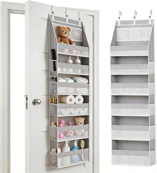 KMSCO Over The Door Organizer, 6 Large Pockets + 13 Mesh Side Pockets, Hanging Storage, 55lbs Capacity, Heavy Duty Non-Woven Fabric for Baby Nursery, Bathroom, Pantry, Closet, Grey, 1 Pack