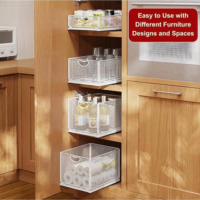 Pull Out Drawers for Cabinets Stackable or Single, Pull Out Cabinet Organizer Adhesive, Cabinet Drawers Slide Out, Extra Rails, for Sink Pantry Shelve