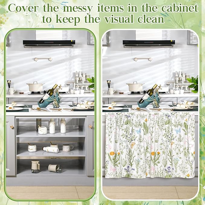 VitalCozy Cabinet Curtains 27.6" W x 35.4" L Sink Skirt for Bathroom Kitchen Spring Botanical Floral Cabinet Curtains for Classroom Home Farmhouse Rustic Drape Under Desk Privacy Drape for Laundry