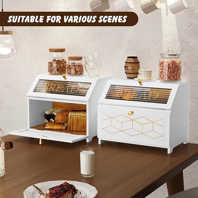 HOLTICO Double Layer Bread Box With Golden Trim for Countertop, Wooden Bread Container for Kitchen Counter, Corner Bread Storage (White)