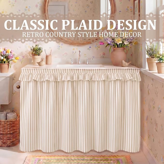 Brown Ruffle Gingham Sink Skirt Self-Adhesive Bathroom Stitch Self Stick Adhesive Fabric Under Sink Curtain Skirt 32'' x 55'' for Bathroom Kitchen Laundry Utility Room Decor(Stripe)
