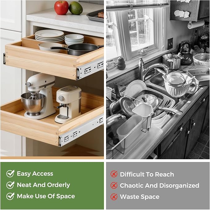 Wooden Pull Out Cabinet Organizer for Kitchen Fully Assembled 15" W x 21" D x 3" H Solid Wood Drawer with Soft Close Slides Bottom or Side Mount for Pantry Bathroom Bedroom Dining Room Storage
