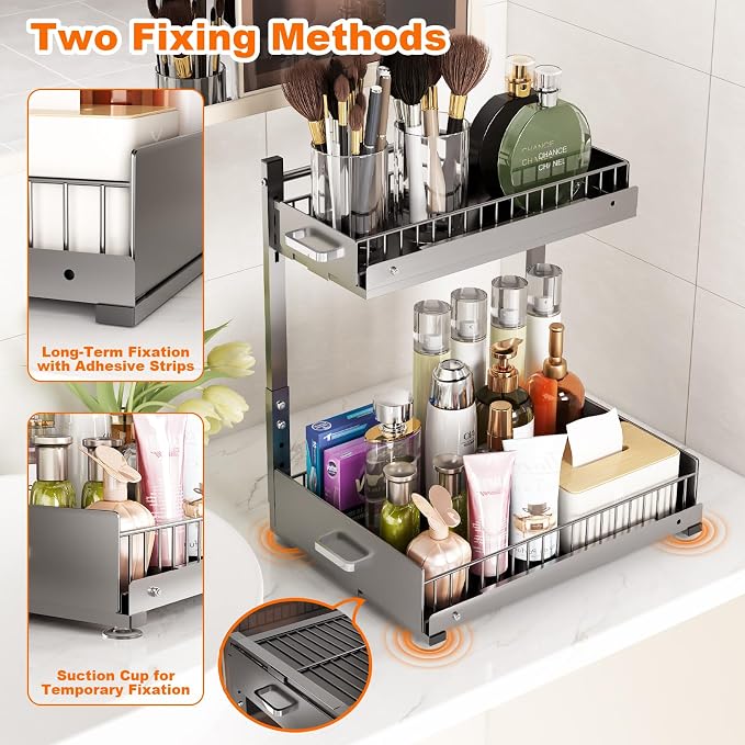 Under Sink Organizer, 2 Tier Slide Out Cabinet Organizer with Pulley, Height Adjustable Pull Out Shelf for Kitchen, Bathroom, Laundry and Utility Storage, Gray, 1 Pack