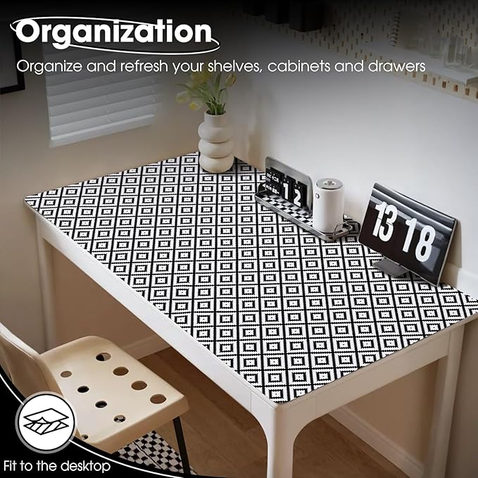 Drawer and Shelf Liner, Non-Slip Kitchen Cabinet Liners Non-Adhesive Thick Strong Grip Waterproof Washable Mats Protect Dresser Shelves Cupboard Bathroom Cabinets, Black & White, 12 in X 20 FT