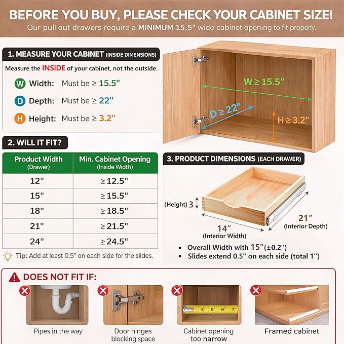 Sintuff 4 Pack Wooden Pull out Tray Cabinet Organizer Gentle Close Roll out Shelves for Kitchen Cabinets Fully Assembled Slide Pantry Shelves (15'' X 21'')