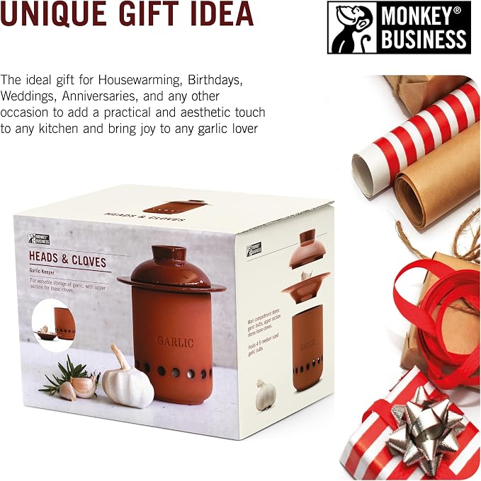 Monkey Business – Garlic Keeper – Terracotta Garlic Storage Container with Separate Ventilated Compartments for Whole Bulbs & Loose Cloves – Garlic Holder That Keeps Garlic Fresh & Kitchen Organized