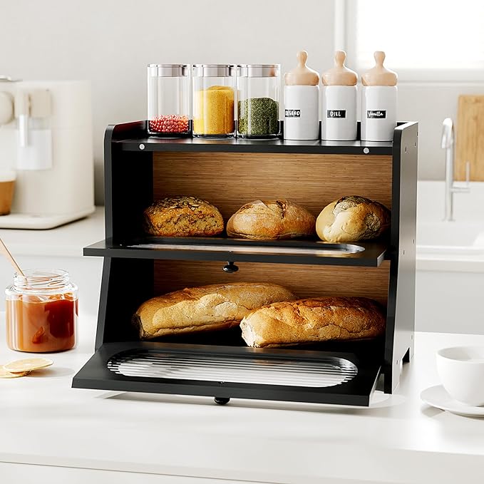 Bread Box,Extra Large 2-Tier Bamboo Bread Box for Kitchen Countertop,Bread Storage Container with Magnetic Acrylic Door for Homemade Bread,Under Cabinet,Pantry Organizer(Black)