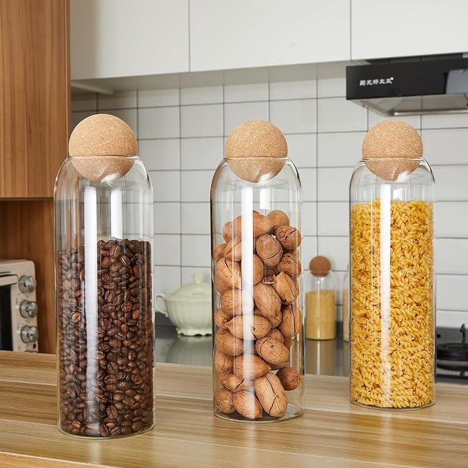 Suclain 1 Pcs Glass Jars with Cork Ball Lid Farmhouse Kitchen Canisters Coffee Bar Countertop Container Rustic Storage Jars for Bean Nut Sugar Coffee Tea Organizer Housewarming Gift (40 oz)