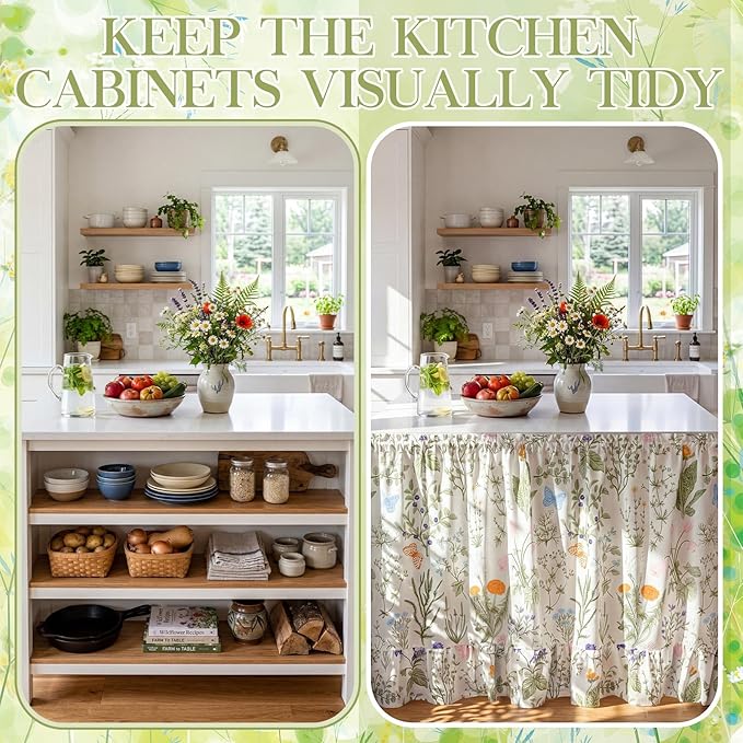 VitalCozy Cabinet Curtain 28" W x 51" L Sink Skirt for Bathroom Kitchen Wildflower Botanical Ruffles Spring Short Curtain for Home Classroom Farmhouse Drape Under Desk Privacy Drape for Laundry Room