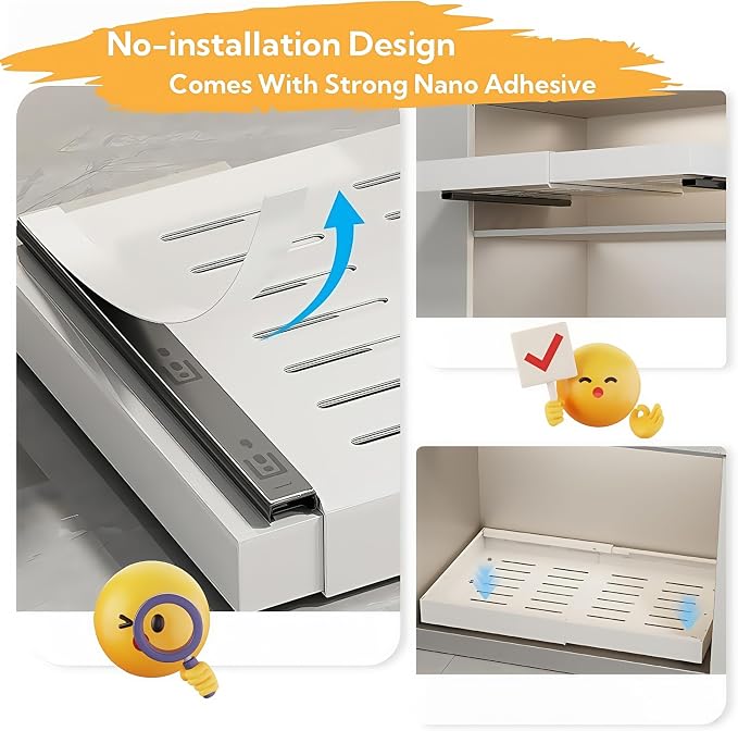 Pull Out Cabinet Organizer 16.54 inch Deep,Expandable Pull out Drawers for Cabinets Adhesive with Film, No Drill Slide Out Drawers for Kitchen Cabinets (Medium-Black)