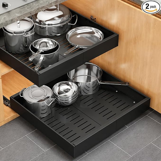 Pull out Cabinet Organizer, 2 pack, 16.5" Deep Heavy Slide out Drawers, Upgrade Three Triple-Slide Rail Systems, Expandable 12.8"-20.8" Roll out Shelf Storage for Kitchen Base Cabinet Organization