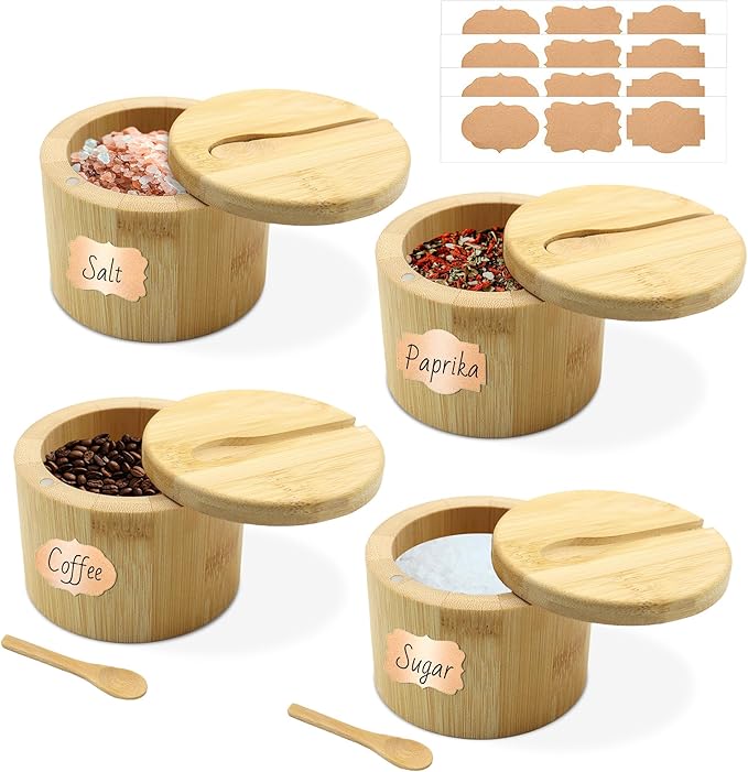4 Pcs Bamboo Salt Containers for Countertop, Salt and Pepper Bowls with Magnetic Swivel Lid & Spoon, Salt Shakers for Kitchen, Spices Storage Jars, Sugar Holder (4 Pack)